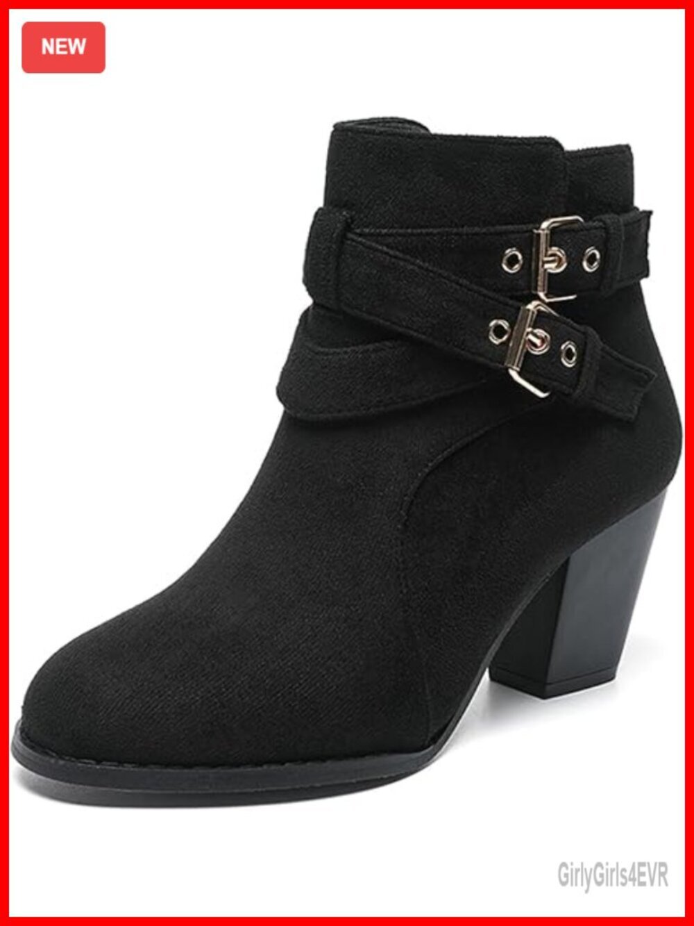 Chunky Heel Suede Ankle Boots With Adjustable Double Buckle Side Zip Block